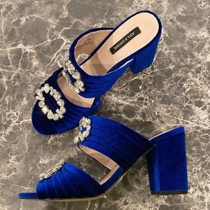 Ava & Aiden velvet blue slides crystal embellishments